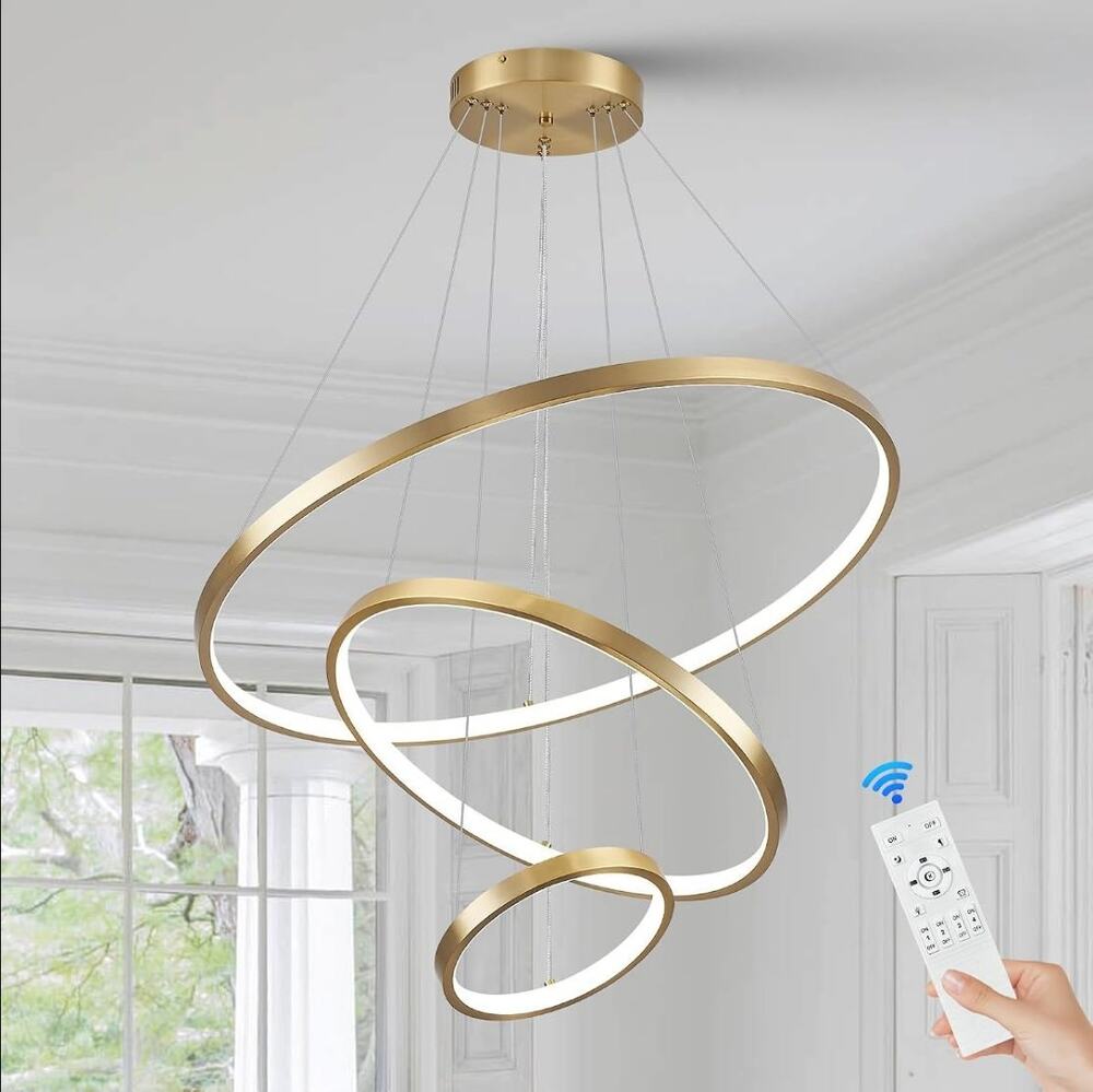 Sparklelf 3 Ring Modern LED Chandelier Gold Dimmable 45W Pendant Light w/ Remote